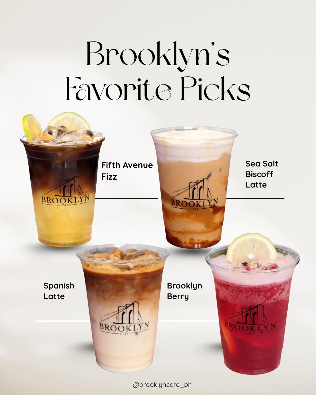 Four signature iced drinks in Brooklyn Cafe cups: Fifth Avenue Fizz, Sea Salt Biscoff Latte, Spanish Latte and Brooklyn Berry
