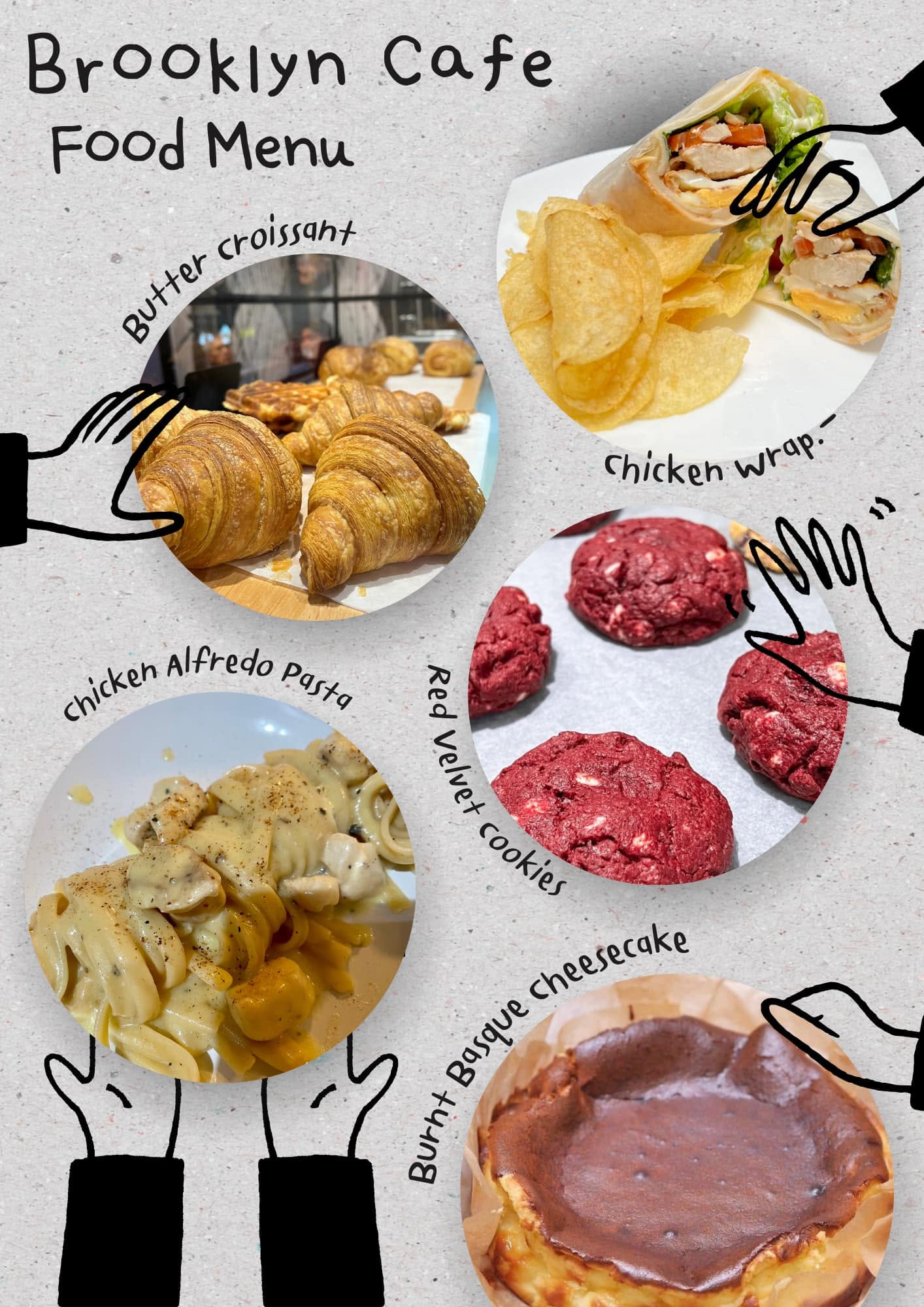 Brooklyn Cafe food menu poster: butter croissant, chicken wrap, chicken Alfredo pasta, red velvet cookies and burnt Basque cheesecake