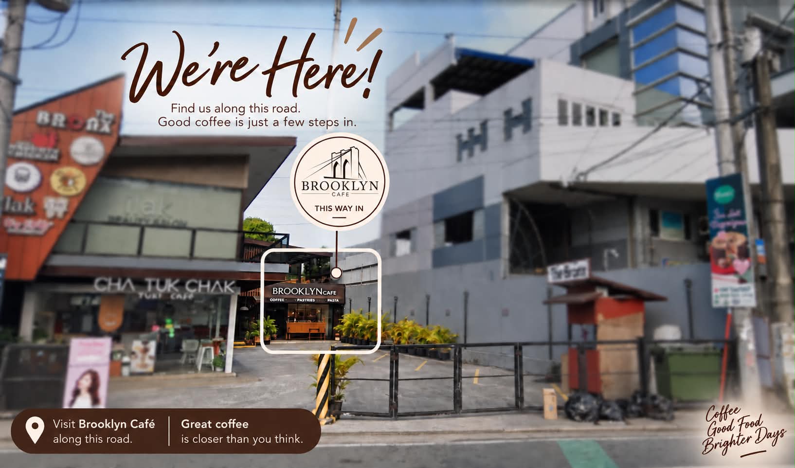 Brooklyn Cafe seen from Manila East Road, with a pin marking the entrance set back from the street: “We’re Here! Find us along this road.”