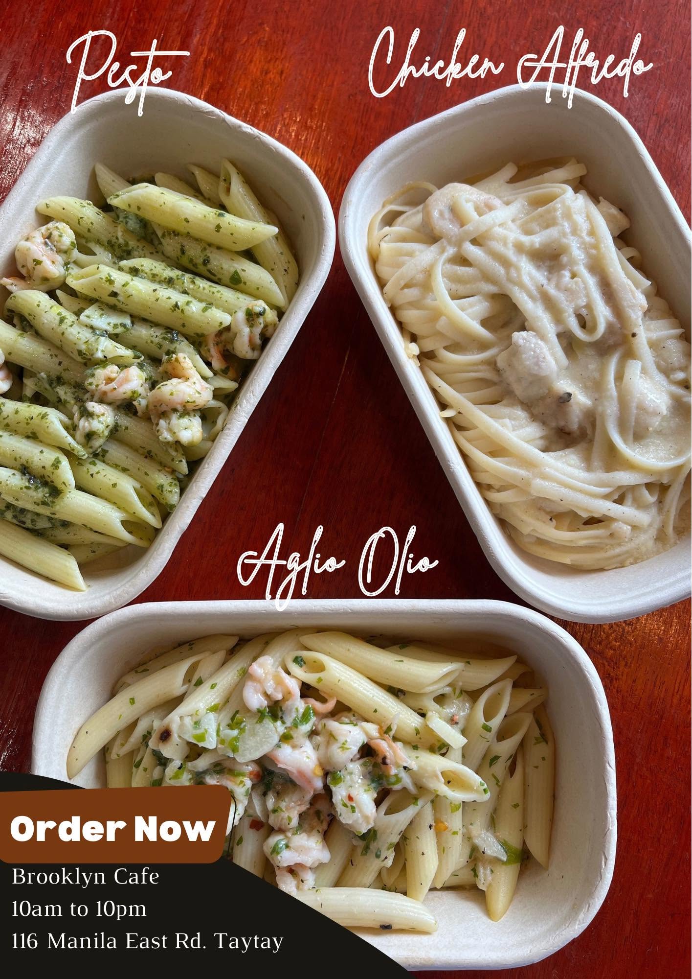 Pasta poster: Pesto, Chicken Alfredo and Aglio Olio in takeaway boxes