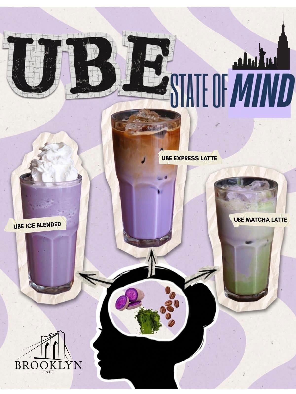 Two ube coffee drinks in Brooklyn Cafe cups